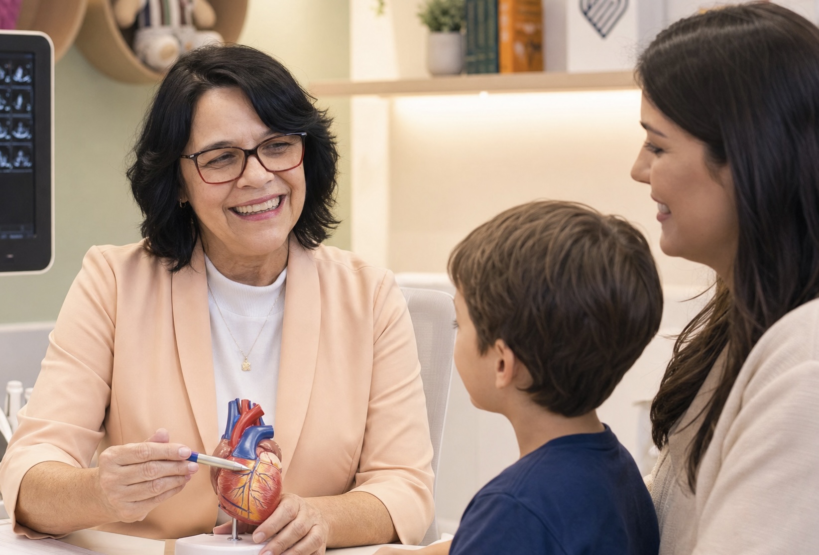 Dra. Lúcia explicando o coração para paciente e mãe